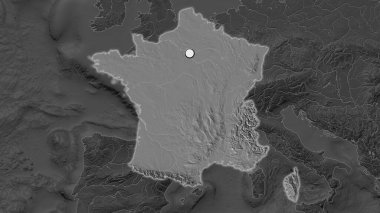 Fransa 'nın vurgulanmış bölgesi. Mahallesinin doyumsuz haritasında sermaye noktası var. Çift seviyeli yükseklik haritası