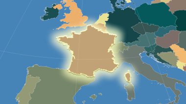 Fransa ve komşuları. Uzak eğimli perspektif - şekil parlıyordu. idari bölümlerin renk haritası