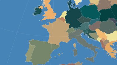 Fransa ve komşuları. Uzak eğimli perspektif - özet yok. idari bölümlerin renk haritası