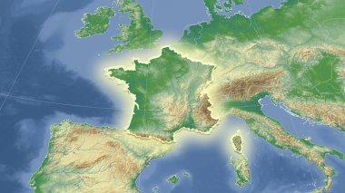 Fransa ve komşuları. Uzak eğimli perspektif - şekil parlıyordu. renk fiziksel haritası