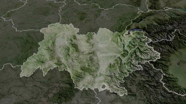 Auvergne-Rhone-Alpes - Fransa bölgesi yakınlaştırıldı ve altı çizildi. Uydu görüntüleri. 3B görüntüleme