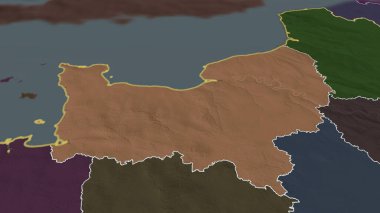 Normandie - Fransa bölgesi yakınlaştırıldı ve altı çizildi. İdari bölümün renkli ve çarpık haritası. 3B görüntüleme