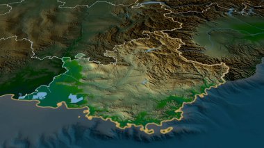 Provence-Alpes-Cote d 'Azur - Fransa bölgesi yakınlaştırıldı ve altı çizildi. Ana fiziksel manzara özellikleri. 3B görüntüleme