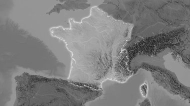 Stereografik projeksiyondaki gri ölçekli yükselme haritasında Fransa bölgesi - ışık saçan dış hatlı raster tabakalarının ham bileşimi