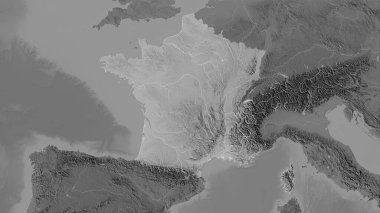 Stereografik projeksiyondaki gri tonlama yükseklik haritasında Fransa bölgesi - raster katmanlarının ham bileşimi