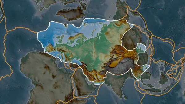 Reliéfní Mapě Vyznačena Euroasijská Tektonická Deska Oddělená Odtučněním Přilehlých Oblastí — Stock fotografie