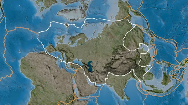 Outlined Eurasian tectonic plate and borders of adjacent plates on the satellite B map in the van der Grinten I projection (oblique transformation)