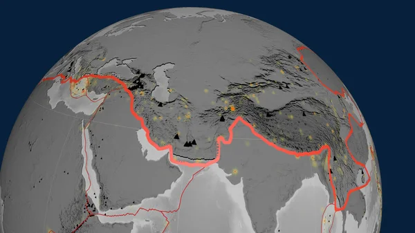 Eurasische Tektonische Platte Umrissen Auf Dem Globus Graustufen Höhenkarte Rendering — Stockfoto