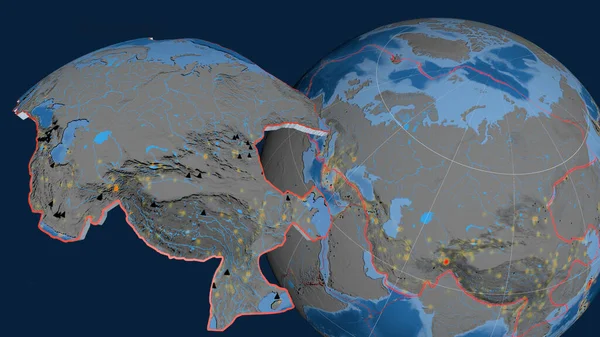 Placa Tectónica Eurasiática Extruida Presentada Contra Globo Topografía Batimetría Mapa —  Fotos de Stock