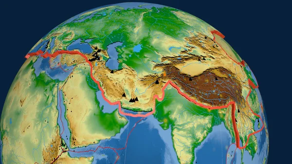 Евразийская Тектоническая Плита Экструдированная Глобусе Цветная Физическая Карта Рендеринг — стоковое фото