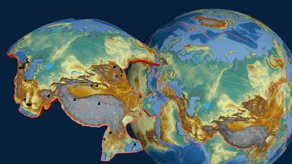 Eurasian tectonic plate extruded and presented against the globe. topographic relief map. 3D rendering