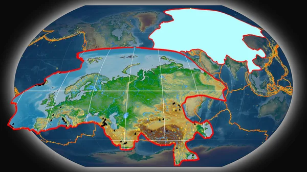 Euroasijské Tektonické Desky Protlačované Prezentované Proti Globální Barevné Fyzické Mapě — Stock fotografie