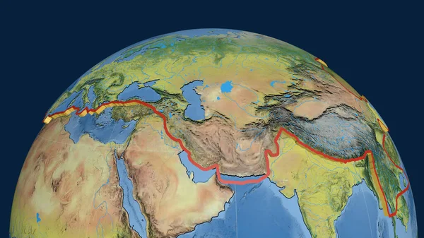 Euroasijský Tektonický Talíř Vytlačený Zeměkouli Topografická Mapa Vykreslování — Stock fotografie