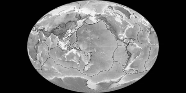 170西の経度を中心としたファヒー予測の世界地図 グレースケール標高マップ 粒状プレートと地殻プレートの境界とラスターの複合体 3Dイラスト — ストック写真