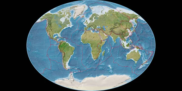 法赫投影中的世界地图以东经11度为中心 卫星图像B 具有满足和构造板块边界的栅格组合 3D插图 — 图库照片