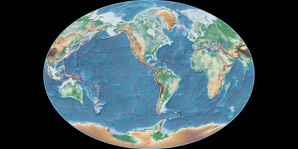 Mapa Świata Projekcji Faheya Skupiona Zachodniej Długości Geograficznej Kolorowy Zacieniacz — Zdjęcie stockowe