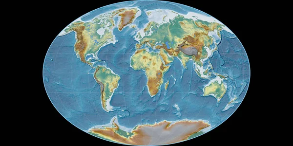 Světová Mapa Projekci Fahey Soustředila Východní Délky Topografická Reliéfní Mapa — Stock fotografie