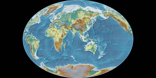 Světová Mapa Projekci Fahey Soustředila Východní Délky Topografická Reliéfní Mapa — Stock fotografie