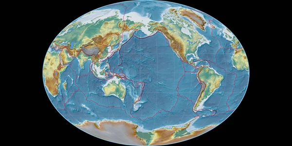 Světová Mapa Projekci Fahey Soustředila 170 Západní Délky Topografická Reliéfní — Stock fotografie