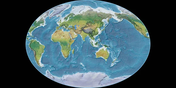 Fahey Projeksiyonundaki Dünya Haritası Doğu Boylamına Odaklı Ana Fizyolojik Manzara — Stok fotoğraf