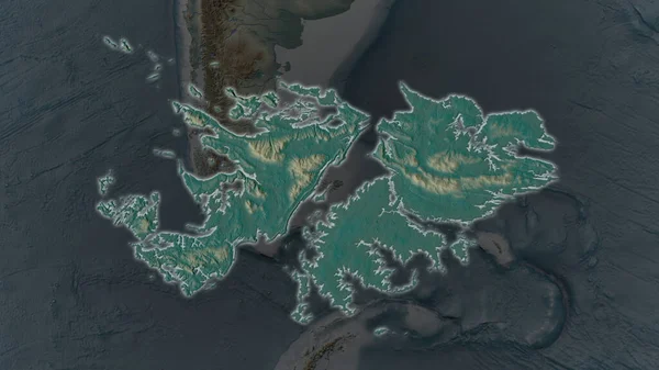 フォークランド諸島地域はその周囲の暗い背景で拡大し 成長した 救援地図 — ストック写真