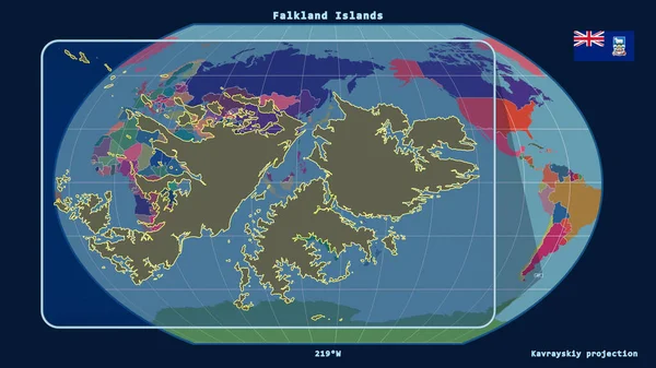 Увеличенный Вид Очертаний Фолклендских Островов Перспективными Линиями Против Глобальной Карты — стоковое фото