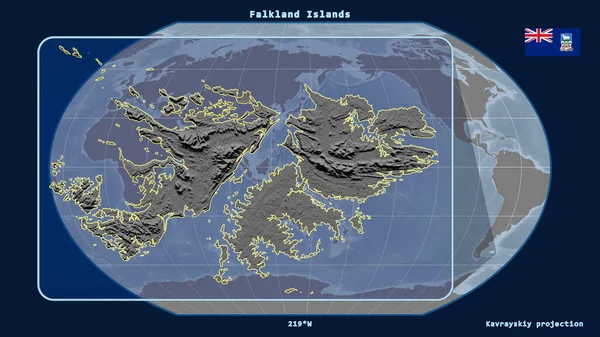 Zoomad Falklandsöarna Kontur Med Perspektiv Linjer Mot Global Karta Kavrayskiy — Stockfoto