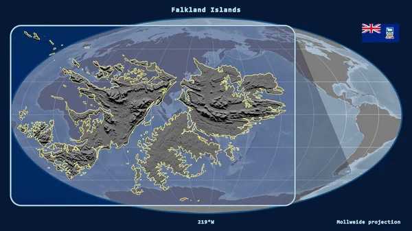 Falkland Adaları Nın Yakınlaştırılmış Görüntüsü Mollweide Projeksiyonundaki Küresel Bir Haritaya — Stok fotoğraf