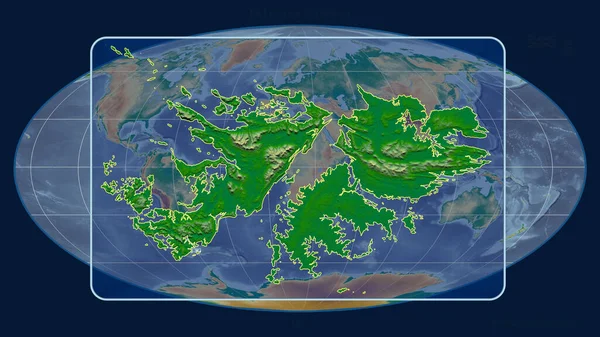 Zoomed Widok Falklandów Zarys Linii Perspektywy Wobec Globalnej Mapy Projekcji — Zdjęcie stockowe