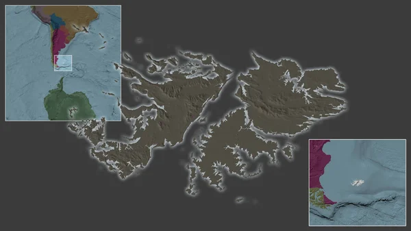 フォークランド諸島とその地域と大規模な世界地図の中心部に位置する 行政庁のカラーマップ — ストック写真
