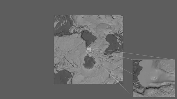 从世界大比例尺地图中提取的扩大和扩大的福克兰群岛地区 其主要线连接框架的各个角落 Bilevel高地图 — 图库照片