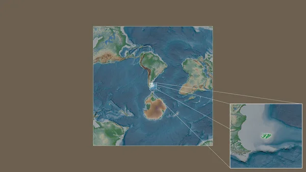 世界の大規模な地図から抽出されたフォークランド諸島の拡大 拡大領域と フレームの隅を結ぶ主要線 地図の色 — ストック写真