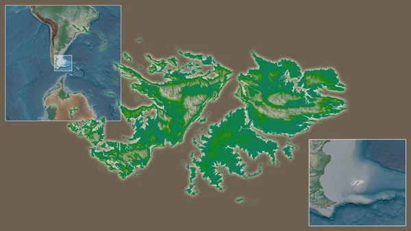 福克兰群岛的近景及其在该区域的位置 以及在大比例尺世界地图中心的位置 彩色物理图 — 图库照片