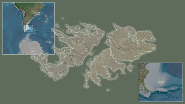 フォークランド諸島とその地域と大規模な世界地図の中心部に位置する 衛星画像 — ストック写真
