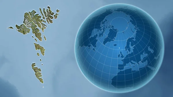 Фарерські Острови Глобус Формі Країни Проти Масштабованої Карти Контуром Супутникові — стокове фото