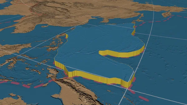 Fillipino Tectonic Plate Enlarged Extruded Global Grayscale Elevation Map Azimuthal — Stock Photo, Image