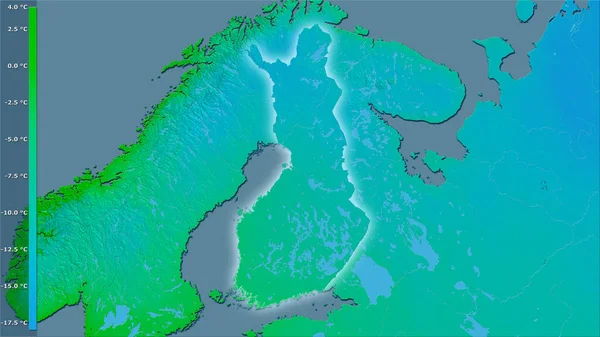 凡例付きの立体投影でフィンランドエリア内の寒い四半期の平均気温 光輝くアウトラインとラスター層の生の組成 — ストック写真