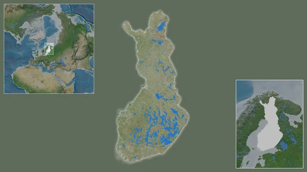 芬兰的近景及其在该区域的位置 以及在大比例尺世界地图中心的位置 卫星图像 — 图库照片