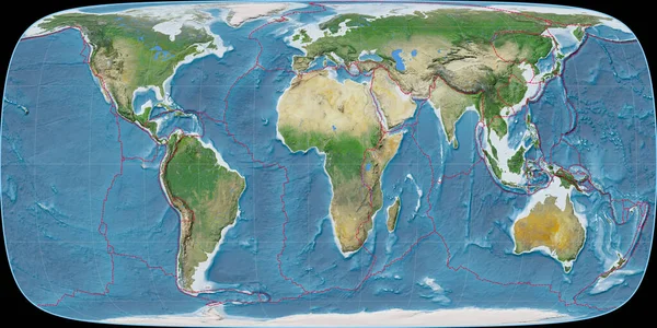 Карта Мира Синусоидальной Проекции Фуко Сосредоточена Восточной Долготе Спутниковые Снимки — стоковое фото