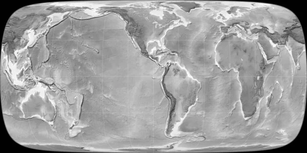 Mapa Mundial Proyección Sinusoidal Foucaut Centrado Longitud Oeste Mapa Elevación — Foto de Stock