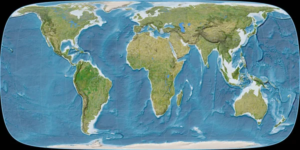 Карта Мира Синусоидальной Проекции Фуко Сосредоточена Восточной Долготе Спутниковые Снимки — стоковое фото