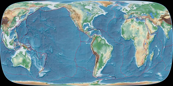 富哥特正弦投影中的世界地图以西经90度为中心 彩色着色着色器 高程图 具有满意和构造板块边界的栅格组合物 3D插图 — 图库照片