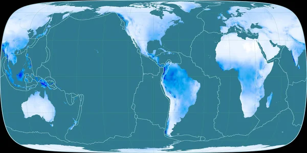 富哥特正弦投影中的世界地图以西经90度为中心 年平均降水图 具有满意边界和构造板块边界的栅格组合图 3D插图 — 图库照片