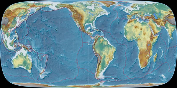 Světová Mapa Foucaut Sinusoidní Projekce Soustředila Západní Délky Topografická Reliéfní — Stock fotografie