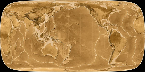 富哥特正弦投影的世界地图以西经170度为中心 塞皮亚浅色的高程图 具有满意和构造板块边界的栅格组合物 3D插图 — 图库照片