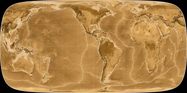 富哥特正弦投影中的世界地图以西经90度为中心 塞皮亚浅色的高程图 具有满意和构造板块边界的栅格组合物 3D插图 — 图库照片