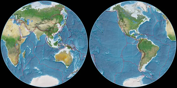 以东经90度为中心的第四十度全球投影世界地图 卫星图像A 具有满意和构造板块边界的栅格组合物 3D插图 — 图库照片