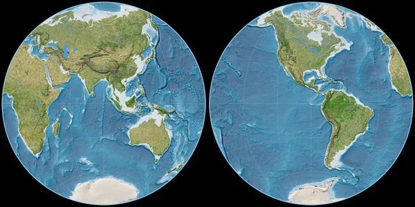 Карта Світу Проекції Фурньє Глобальна Зосереджена Східній Довготі Супутникові Знімки — стокове фото