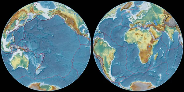 Světová Mapa Fournierově Kulové Projekci Soustředěná 170 Západní Délky Topografická — Stock fotografie