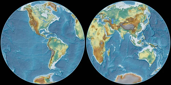 Карта Мира Глобулярной Проекции Фурнье Сосредоточена Западной Долготе Топографическая Рельефная — стоковое фото